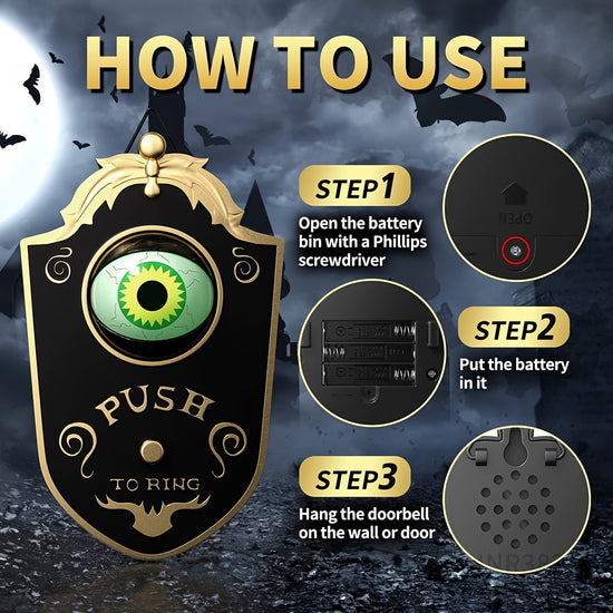 Sinister Haunted Doorbell - Luminous Ghostly Eye, Horror Sound Effects, and Animated Movement - Battery-Operated Halloween Decorative Hanging Prop for Universal, Oktoberfest, and Day of the Dead Celebrations (Requires 3 AAA B SS69