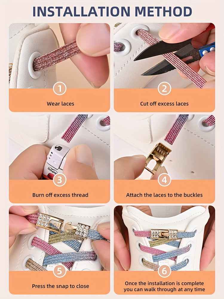 1pair Free-Tie Shoelaces With Rhinestone Buckles, Fashion Elastic Lazy Shoelaces For Sneakers Canvas Shoes Skate Shoes, Women & Men