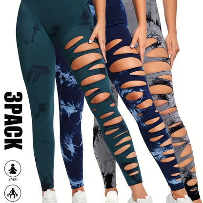 3 Pack High Waist Tie Dye Cutout Yoga Leggings - Scrunch Butt Lifting, Tummy Control, Elastic Workout Pants for Women SS69 42.69 3 Pack-GRY-BLU-DGN / M