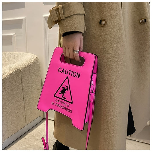 Chic Black Faux Leather Novelty Shoulder Bag - Fashionable Caution Sign Tote with Detachable Strap, Zip Closure for Women SS69