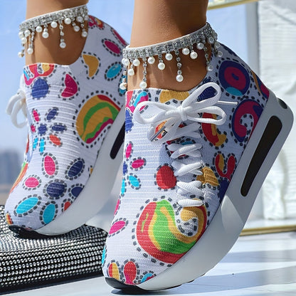 Fabric Upper Low Top Women's Fashion Sneakers, Casual Lace-up Printed Shoes, MD Sole, Fabric Lining, Random Print, All-Season SS69