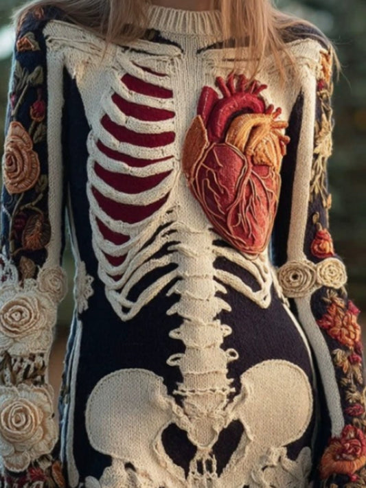 Women's Gothic 3D Skull Sweater - Retro Winter Warm Crewneck Sweater with Skull & Bone Pattern, Long Sleeve Hand Washable Fall Winter Sweater for Halloween Costume or Casual Outfit (Cozy Knitwear) SS69