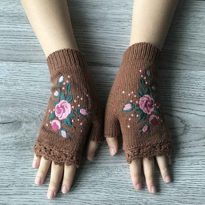 Short Fingerless Elastic Flower Bee Embroidered Knit Gloves Autumn Winter Coldproof Warm Gloves