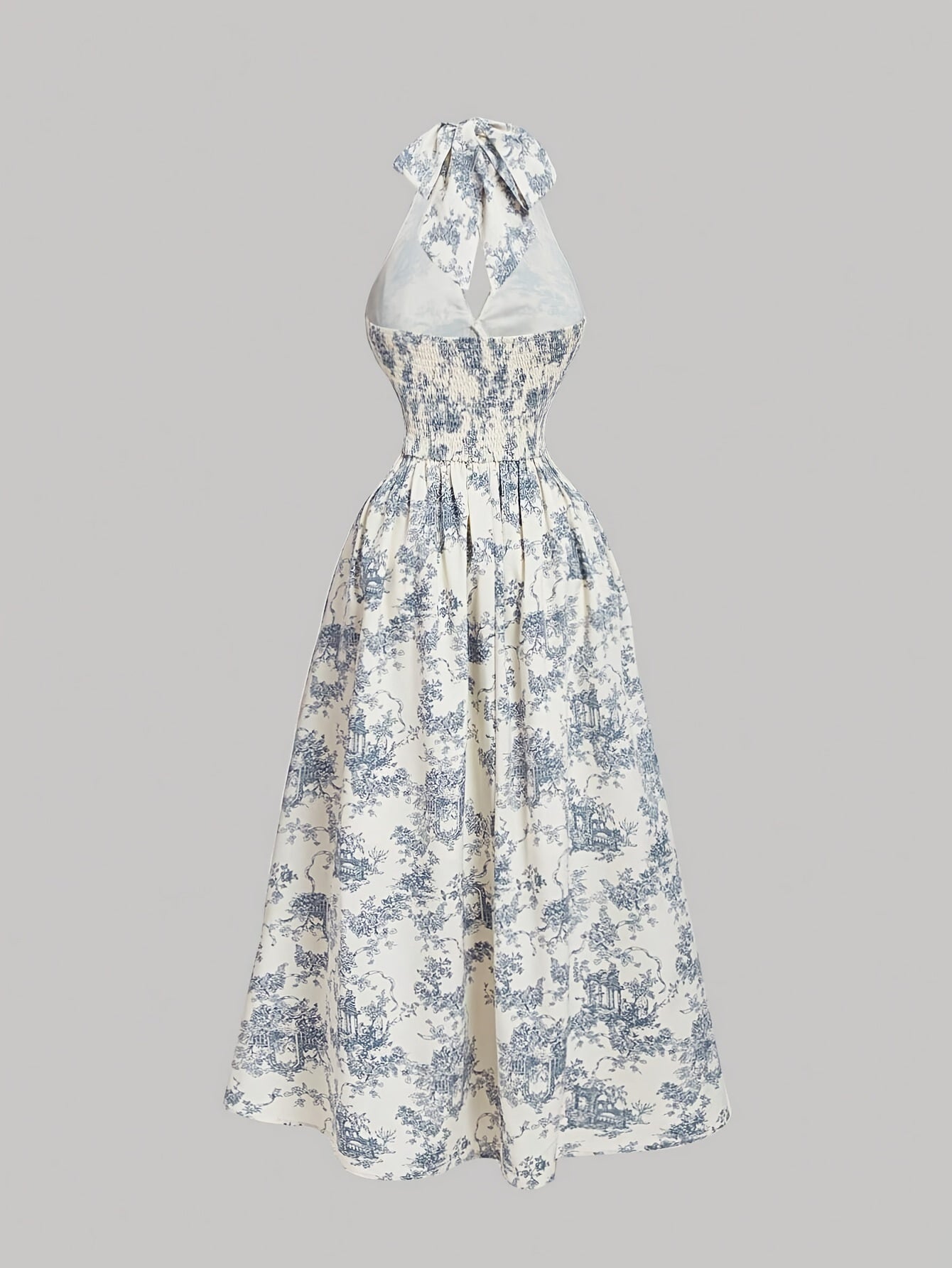 [Print Vintage Dress] Vintage Blue Floral Print Women's Dress - Halter Neck, Backless, A-Line, Long, Ruffled Detail - Semi-Sheer Polyester, Machine Washable SS69