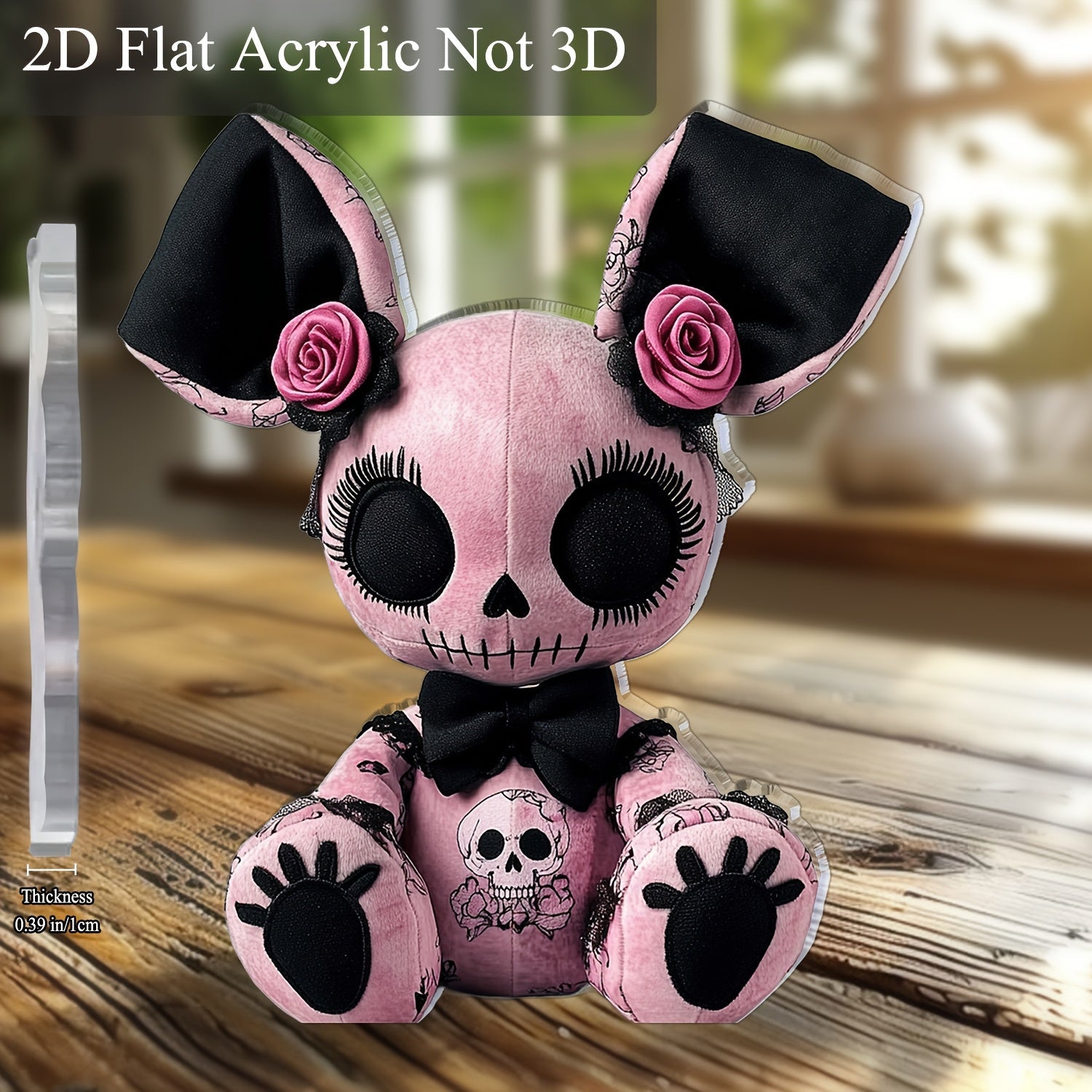 2D Flat, 1pc Gothic Mouse Plush Toy Acrylic Desktop Decor - 2D Print Skull & Rose Design, Black and Pink Style for Halloween Christmas Bar Cafe, 5.9"x 5.11", Friend's gift Idea, Bohemian Aesthetic Craftsmanship, 2D Flat, Chri SS69