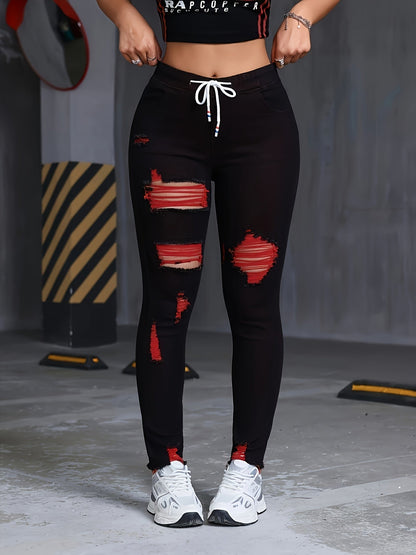 Women's High-Waisted Stretch Skinny Jeans - Black with Red & Green Thread Geometric Pattern, Y2K Distressed Ripped Cuffs & Slant Pockets, 85% Rayon/2% Elastane/13% Polyester Blend, Machine Washable All-Season Casual Pants SS69