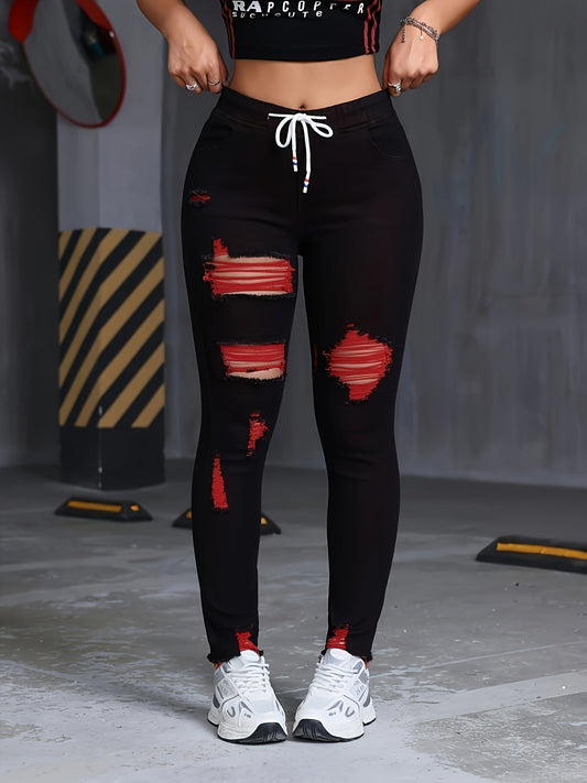 Women's High-Waisted Stretch Skinny Jeans - Black with Red & Green Thread Geometric Pattern, Y2K Distressed Ripped Cuffs & Slant Pockets, 85% Rayon/2% Elastane/13% Polyester Blend, Machine Washable All-Season Casual Pants SS69