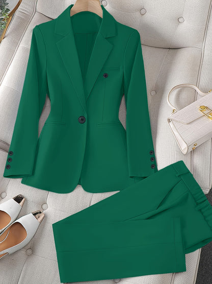 Women'S Casual Two-Piece Set, Fashionable Business Style, Solid Color, Long Sleeve, Polyester, with Lapel Collar, and Pants, for All Seasons SS69