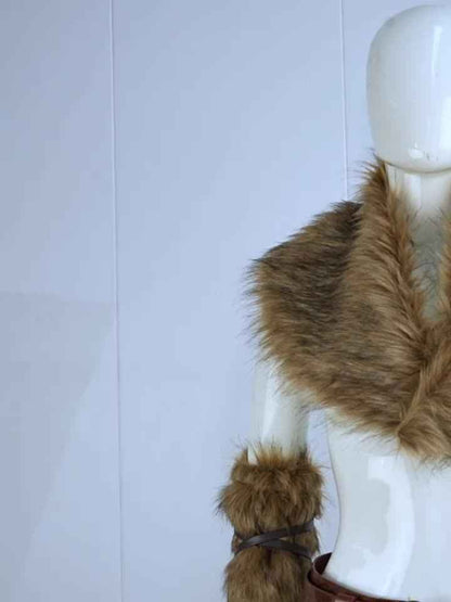 Ancient Warrior, Viking-Inspired Costume Set - 11pcs With Faux Fur Collar, Belt, Medieval Pouch, Leg & Hand Warmers For Halloween Party, Halloween Costumes