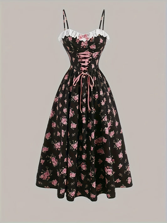 Vintage-Inspired Black Floral Off-Shoulder Dress with Lace Trim, Pink Ribbon Waist Tie - Romantic Peplum Style for Adult Women, Perfect for Summer Events, Romantic Occasion Dress|Floral Print Dress|Ribbon Waist Detail, Floral SS69