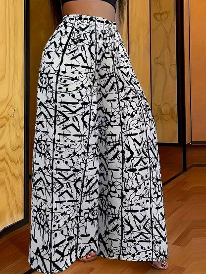 Newspaper Print Wide Leg Pockets Pants, Casual & Versatile High Waist Pants For Spring & Summer, Women's Clothing SS69