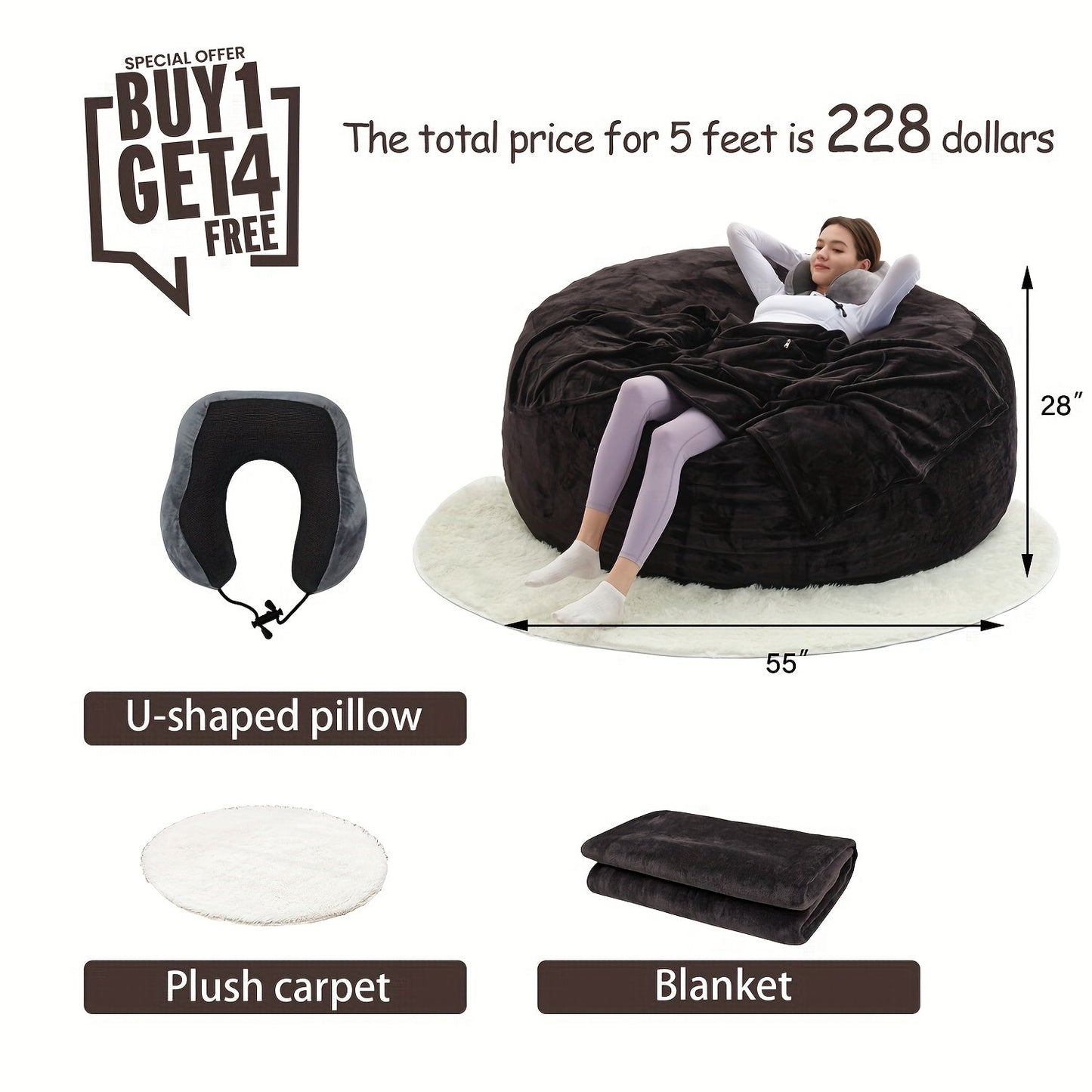 Bean Bag Chair(Give 3 Gifts:U-shape Pillow, Blanket Pillow, 6FT Carpet)Comfy Lazy Sofa Bed, Including 50 Pounds Of Filler, Large 6' Bean Bags With Memory Foam Filled, Large Beanbag Chairs Soft Sofa With Flannel Cover SS69 78.69 5FT / Black (Give 3 Gifts)