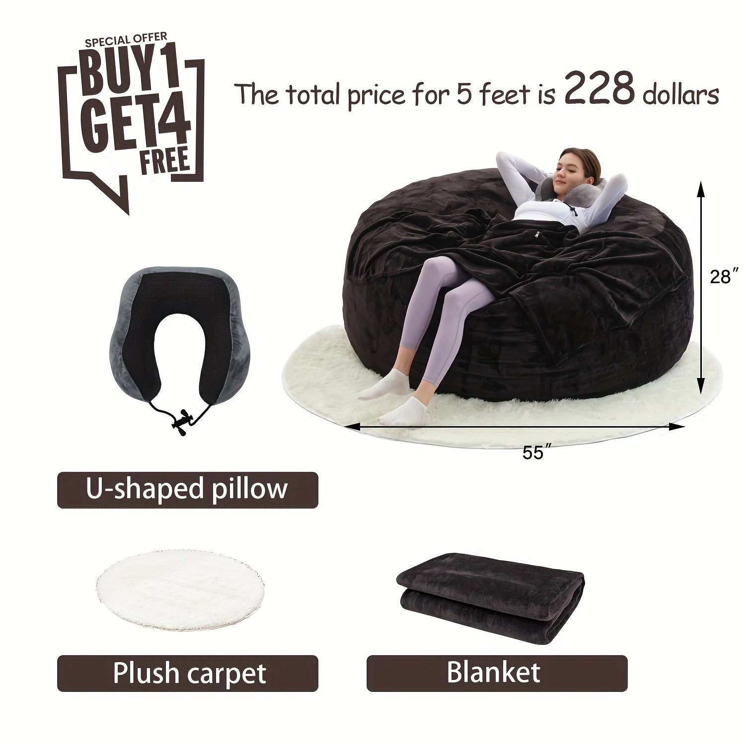 Bean Bag Chair(Give 3 Gifts:U-shape Pillow, Blanket Pillow, 6FT Carpet)Comfy Lazy Sofa Bed, Including 50 Pounds Of Filler, Large 6' Bean Bags With Memory Foam Filled, Large Beanbag Chairs Soft Sofa With Flannel Cover SS69 78.69 5FT / Black (Give 3 Gifts)