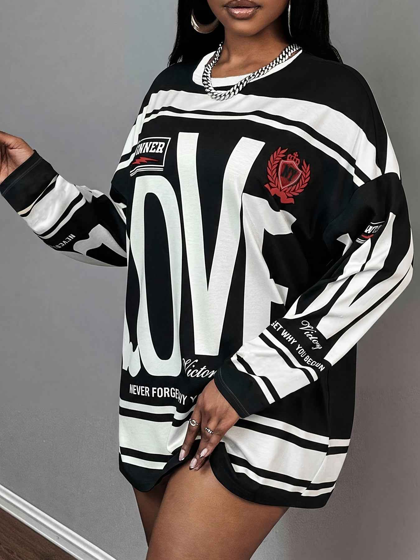 Plus Size - Plus Size - Plus Size - Plus Size - Plus Size Women'S Oversized "LOVE" Letter Print Long Sleeve T-Shirt - Casual Streetwear Style with Pink & Stripes, Comfortable Fabric For All Seasons, Versatile Fashion Top, Plu