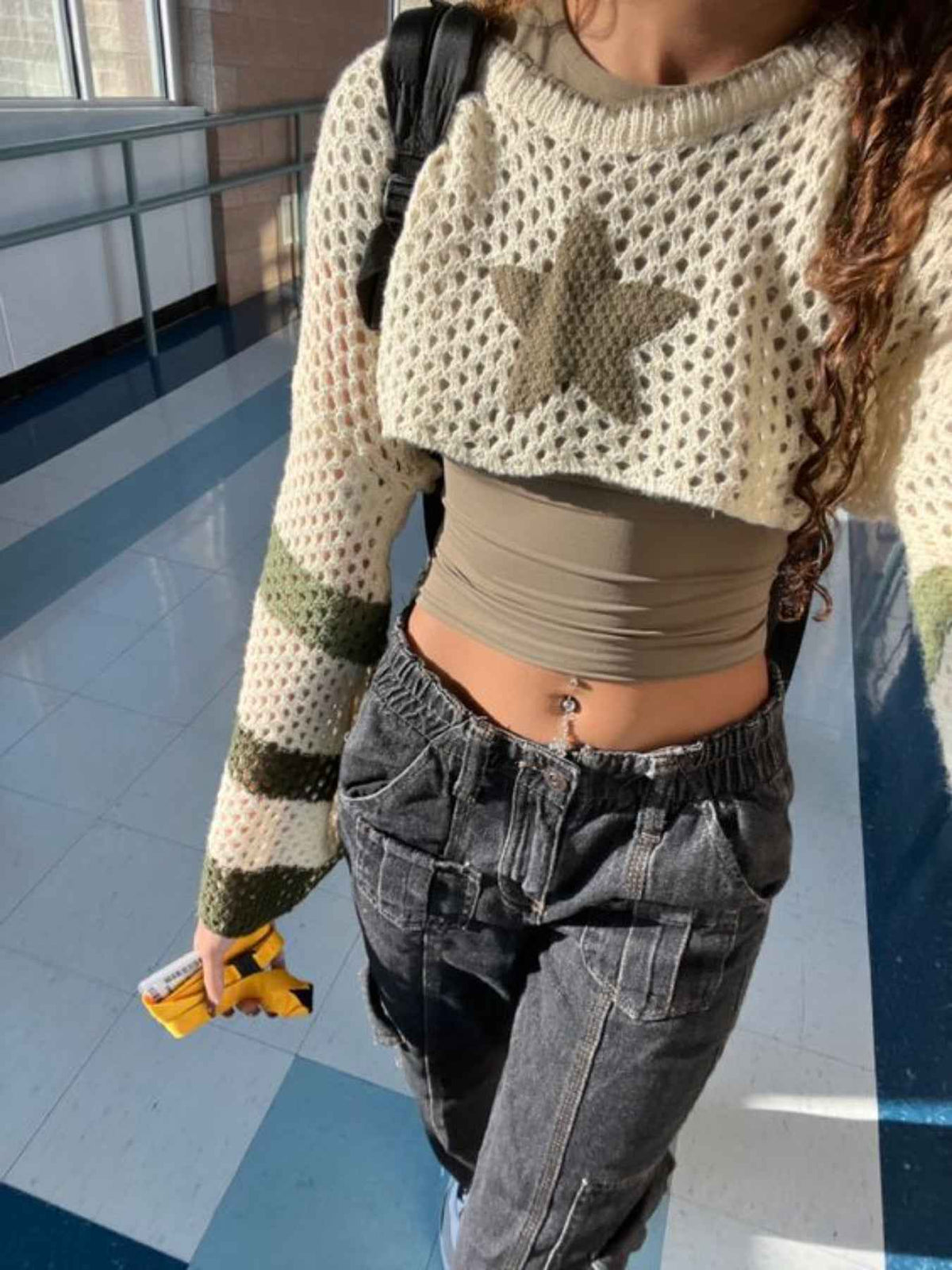Women's Y2K Cropped Sweater Top - Soft Hollow Out Sheer Blouseable Base Suitable for Dinner Dates & Weekend Outfits, Spring Summer Fall Layering Piece, Classic Fit Long Sleeve Striped Colorblock Star Pattern (Hand Washable)