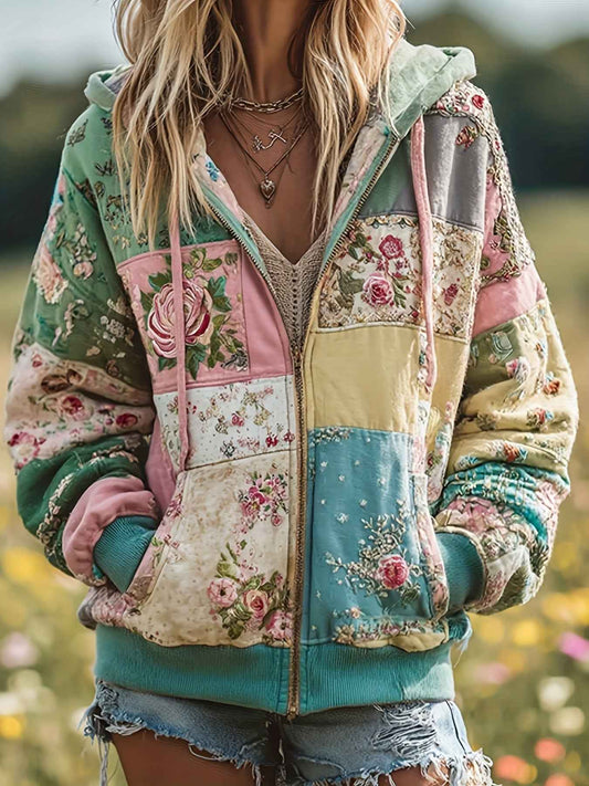 Plus Size, Women's Plus Size Vintage Bohemian Floral & plant print Hooded Jacket/Sweatshirt - Elegant Loose Fit Oversized Coat with Full-Length Zipper, H-Line Silhouette for Fall Winter Spring, Machine Washable for easy care
