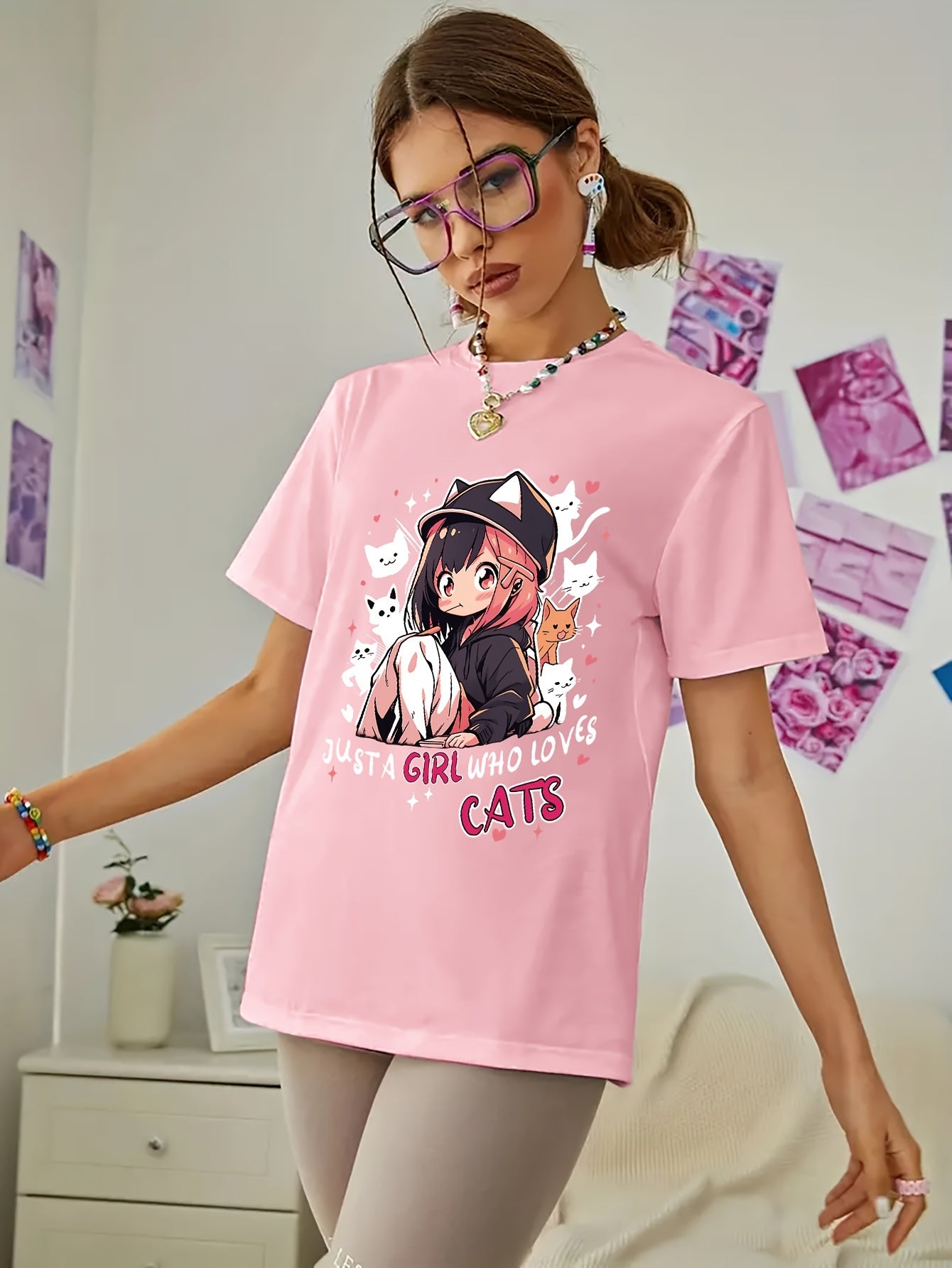 Anime Print T-shirt, Casual Short Sleeve Crew Neck Top For Spring & Summer, Women's Clothing SS69
