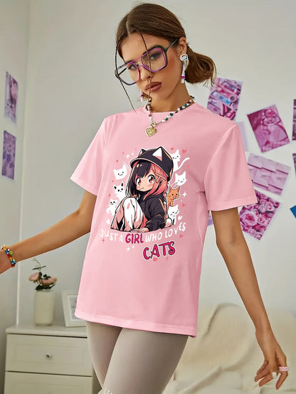 Anime Print T-shirt, Casual Short Sleeve Crew Neck Top For Spring & Summer, Women's Clothing SS69
