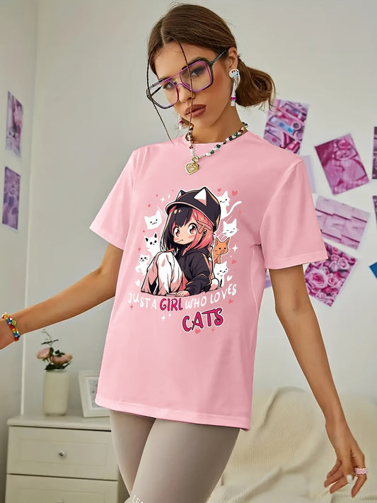 Anime Print T-shirt, Casual Short Sleeve Crew Neck Top For Spring & Summer, Women's Clothing SS69