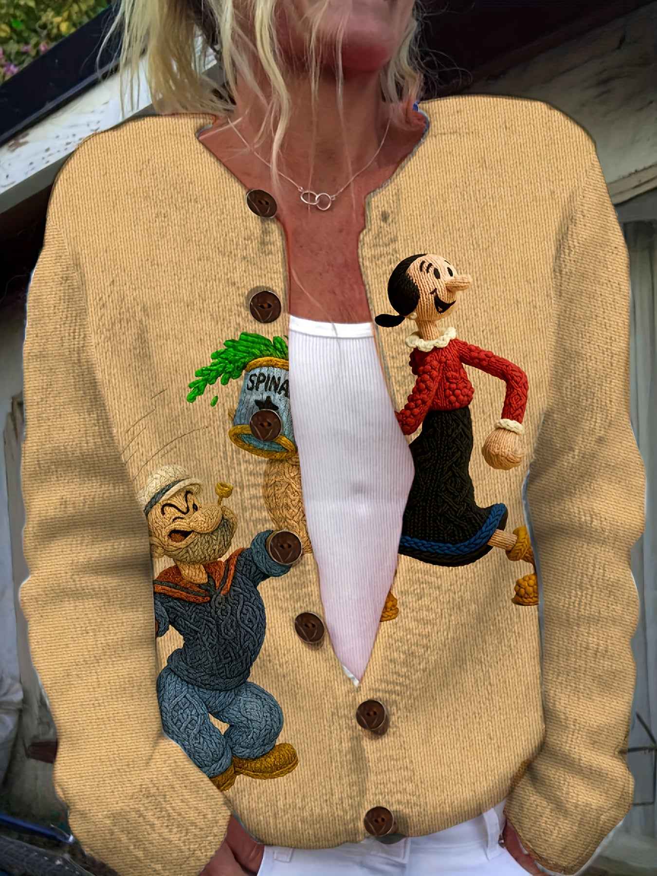 2D Printed Sweater with Vintage Pattern, Women's Lazy Style Cardigan for Autumn and Winter, Loose Fit Versatile Top, Popeye Print Fashionable Elegant Trendy Full Print Cardigan, "The First Gentle Cardigan of Early Autumn, 2D