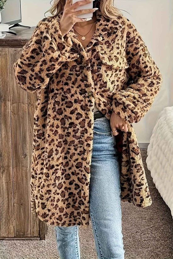Plus Size - Plus Size - Plus Size - Plus Size - Plus Size - Women'S Plus Size Leopard Print Coat - Casual Long Sleeve Button-Up Jacket with Lapel Collar, Medium Stretch Fabric, Perfect For Fall/winter, Leopard Print Jacket, W