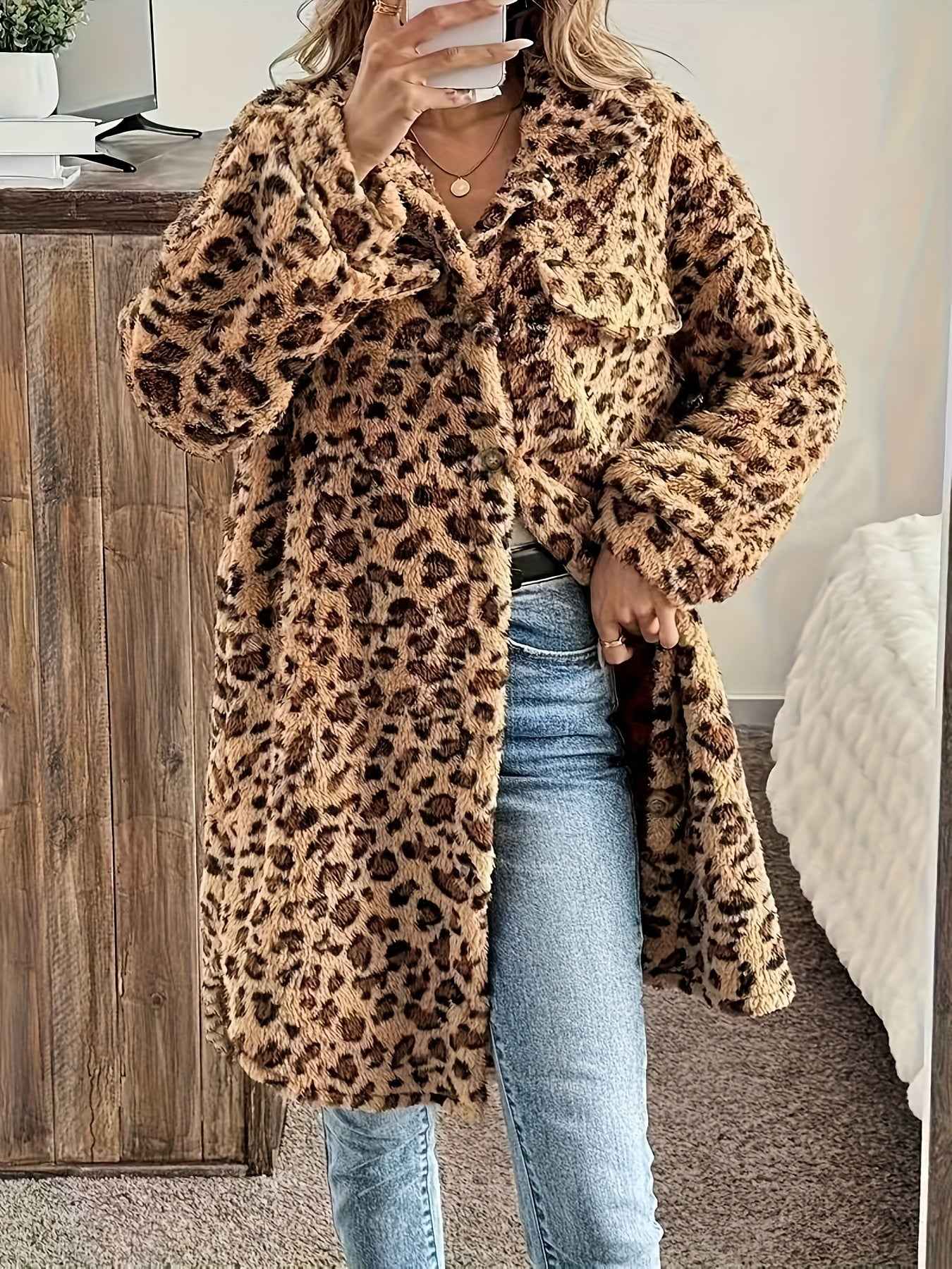 Plus Size - Plus Size - Plus Size - Plus Size - Plus Size - Women'S Plus Size Leopard Print Coat - Casual Long Sleeve Button-Up Jacket with Lapel Collar, Medium Stretch Fabric, Perfect For Fall/winter, Leopard Print Jacket, W