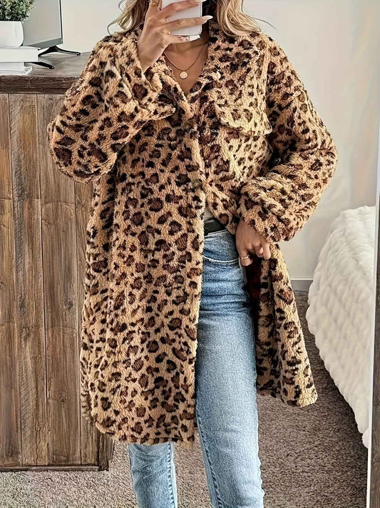 Plus Size - Plus Size - Plus Size - Plus Size - Plus Size - Women'S Plus Size Leopard Print Coat - Casual Long Sleeve Button-Up Jacket with Lapel Collar, Medium Stretch Fabric, Perfect For Fall/winter, Leopard Print Jacket, W