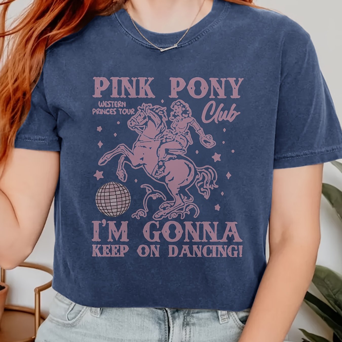 Women's Retro Western Cowgirl Graphic T-Shirt - "Pink Pony Club" Design, Short Sleeve Crew Neck, Casual & Comfortable, Perfect Gift for Friends and Family, Allseasons Top | Playful Graphic Tee | Durable Print Top, Ladies T Sh SS69 13.69 Navy Blue / XXL
