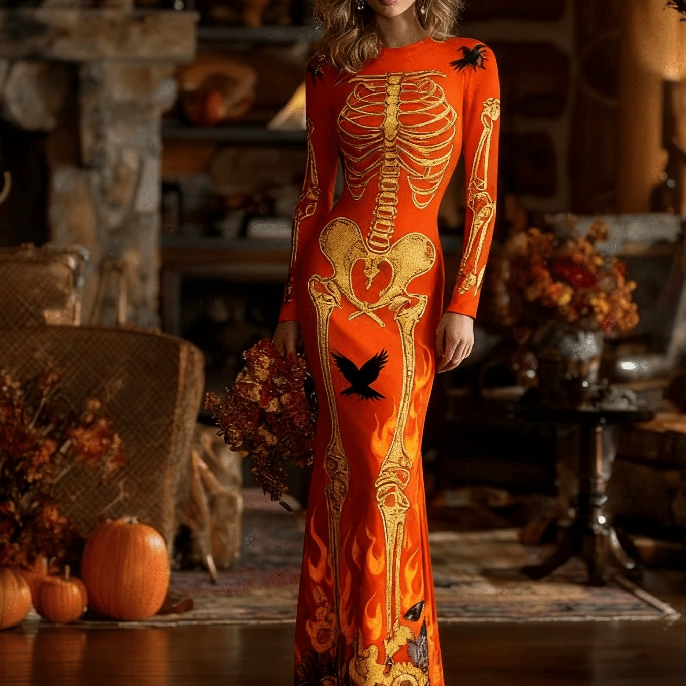 Women's Gothic Vampire Costume Dress - Full-Body Skeleton Print & Anatomical Heart Design Long Sleeve Maxi Gown with A-Line Silhouette, Short Train Hem for Halloween Parties, Prom, Themed Events - Machine Washable Gothic Wedd SS69 26.69 D / XXL
