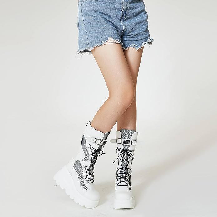 Goth Platform Mid-Calf Boots with Chunky Wedge Heel
