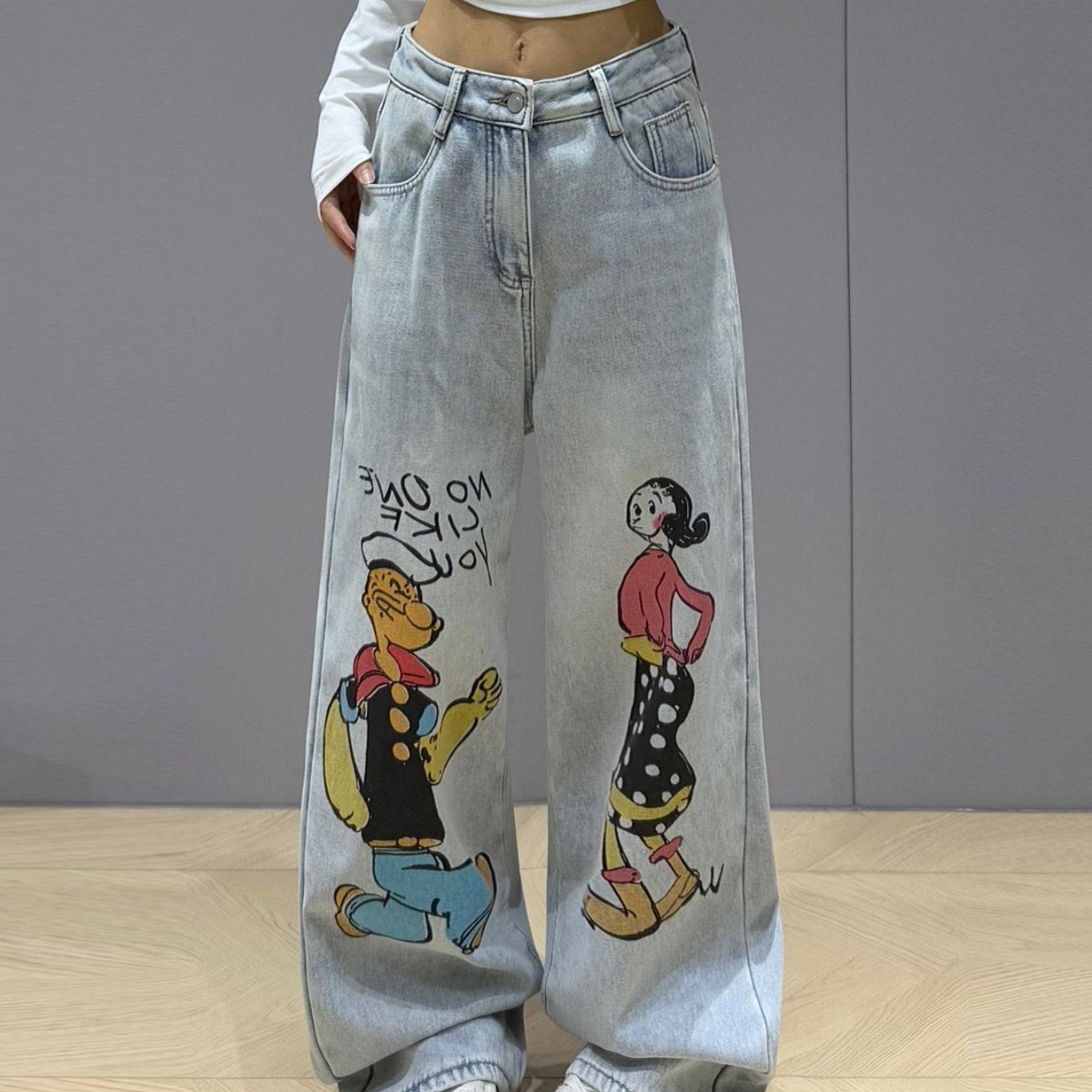 2025 new cartoon graffiti straight jeans for women light color casual versatile loose slim washed mopping trousers SS69 38.69 XXL / Light Blue