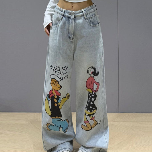 2025 new cartoon graffiti straight jeans for women light color casual versatile loose slim washed mopping trousers SS69 38.69 XXL / Light Blue