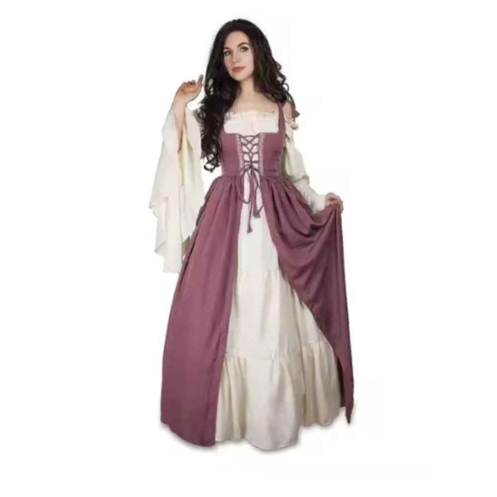 [Elegant Medieval Costume] Elegant Women's Medieval Two-Piece Costume - Renaissance Drama Outfit with Corset-like Bodice & Long Flowing Skirt | Halloween, Renaissance Faire, Themed Parties | Burgundy/White, Black/White, Green