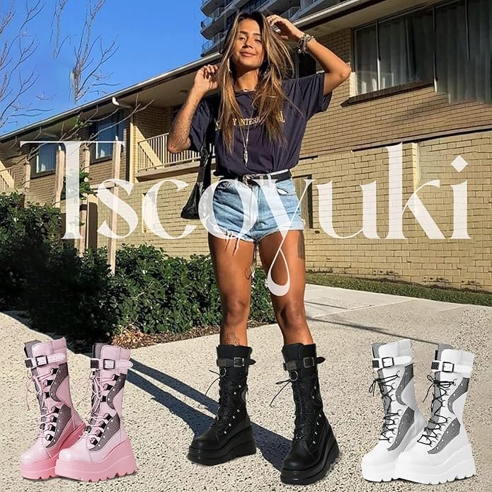 Goth Platform Mid-Calf Boots with Chunky Wedge Heel