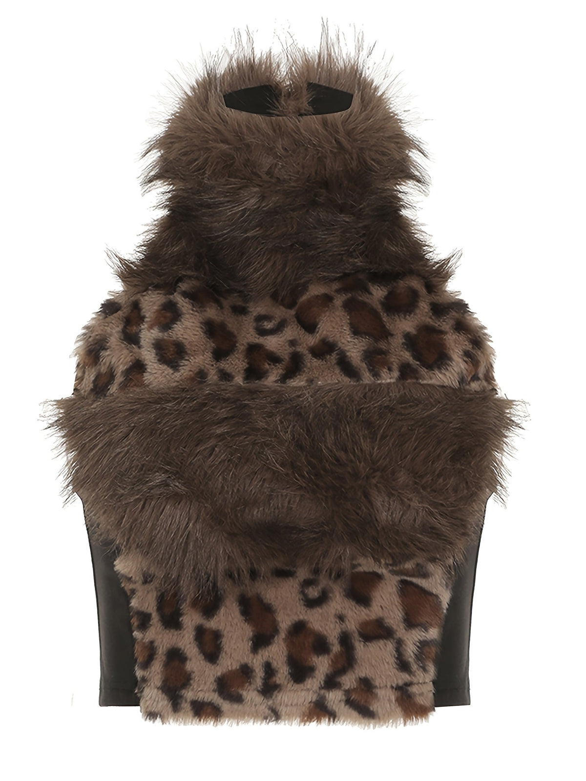 Retro Furry Patchwork Leopard Print Color-Blocked High-Neck Crop Top, Sleeveless And Sexy Backless, Inspired by Japanese And Korean Street Fashion. SS69