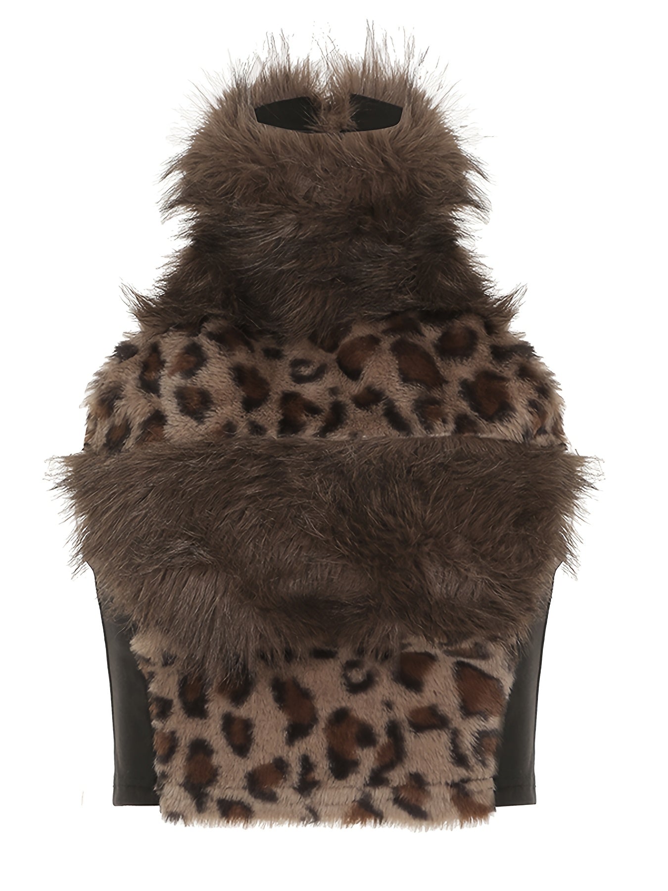 Retro Furry Patchwork Leopard Print Color-Blocked High-Neck Crop Top, Sleeveless And Sexy Backless, Inspired by Japanese And Korean Street Fashion. SS69