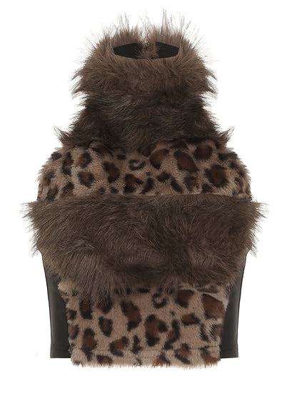 Retro Furry Patchwork Leopard Print Color-Blocked High-Neck Crop Top, Sleeveless And Sexy Backless, Inspired by Japanese And Korean Street Fashion. SS69