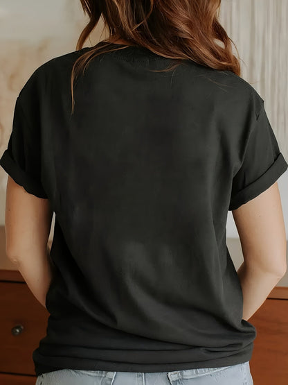 Women's Anime Cat Girl Graphic T-Shirt - Black Polyester, Short Sleeve Crew Neck, Casual Summer & Spring Top, Machine Washable SS69