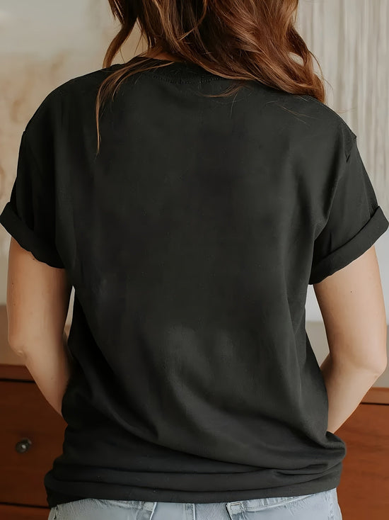 Women's Anime Cat Girl Graphic T-Shirt - Black Polyester, Short Sleeve Crew Neck, Casual Summer & Spring Top, Machine Washable SS69