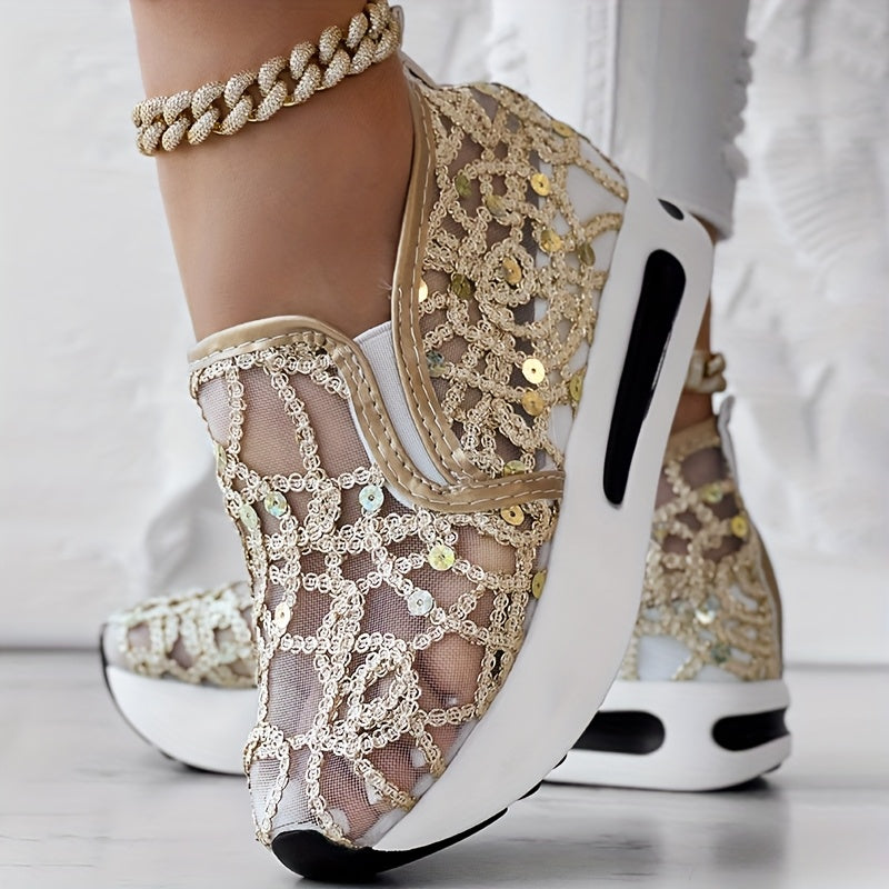 [Abstract Sneakers] Casual Abstract Print Wedge Sneakers | Side Lace-up - Without Anklet SS69 25.69 Golden / US 11.5