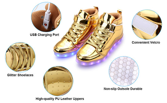 LED Lights Up Dacing Shoes | Lace Up Couples Sneakers, Luminous Flashing Trainers for Dancing, Party Festivals | High Top, Solid Color, Hook-and-Loop Fastener