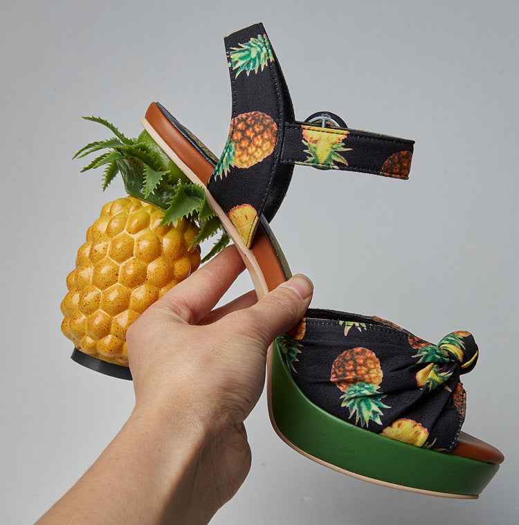 Women's Pineapple Print Platform Sandals - Thick Sole Super High Heels with Ankle Strap Closure, Open-Toe Summer Party Shoes in Pink & Green, Durable Fabric Upper & Rubber Sole for Dressy Occasions, Beachwear, Themed Events -