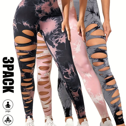 3 Pack High Waist Tie Dye Cutout Yoga Leggings - Scrunch Butt Lifting, Tummy Control, Elastic Workout Pants for Women SS69 42.69 3 Pack-GRY-BPN-PNK / S