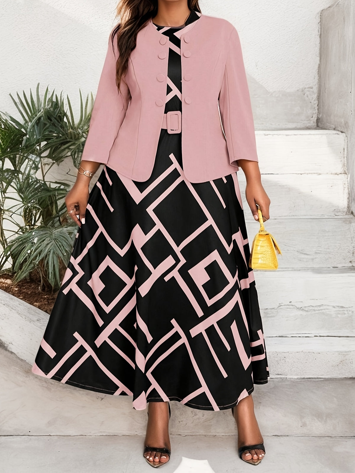 [Elegant Two-Piece Set] Elegant Plus-Size Women's Solid Color Jacket & Printed Vest Skirt Two-Piece Set