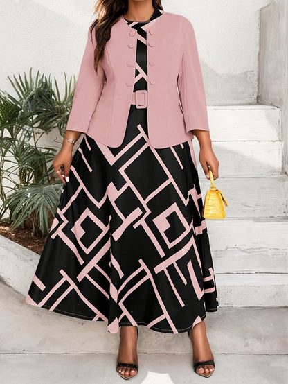 [Elegant Two-Piece Set] Elegant Plus-Size Women's Solid Color Jacket & Printed Vest Skirt Two-Piece Set