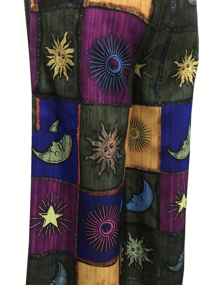 Sun & Moon Print Wide Leg Pants, Casual Elastic Waist Pants With Pocket, Women's Clothing SS69