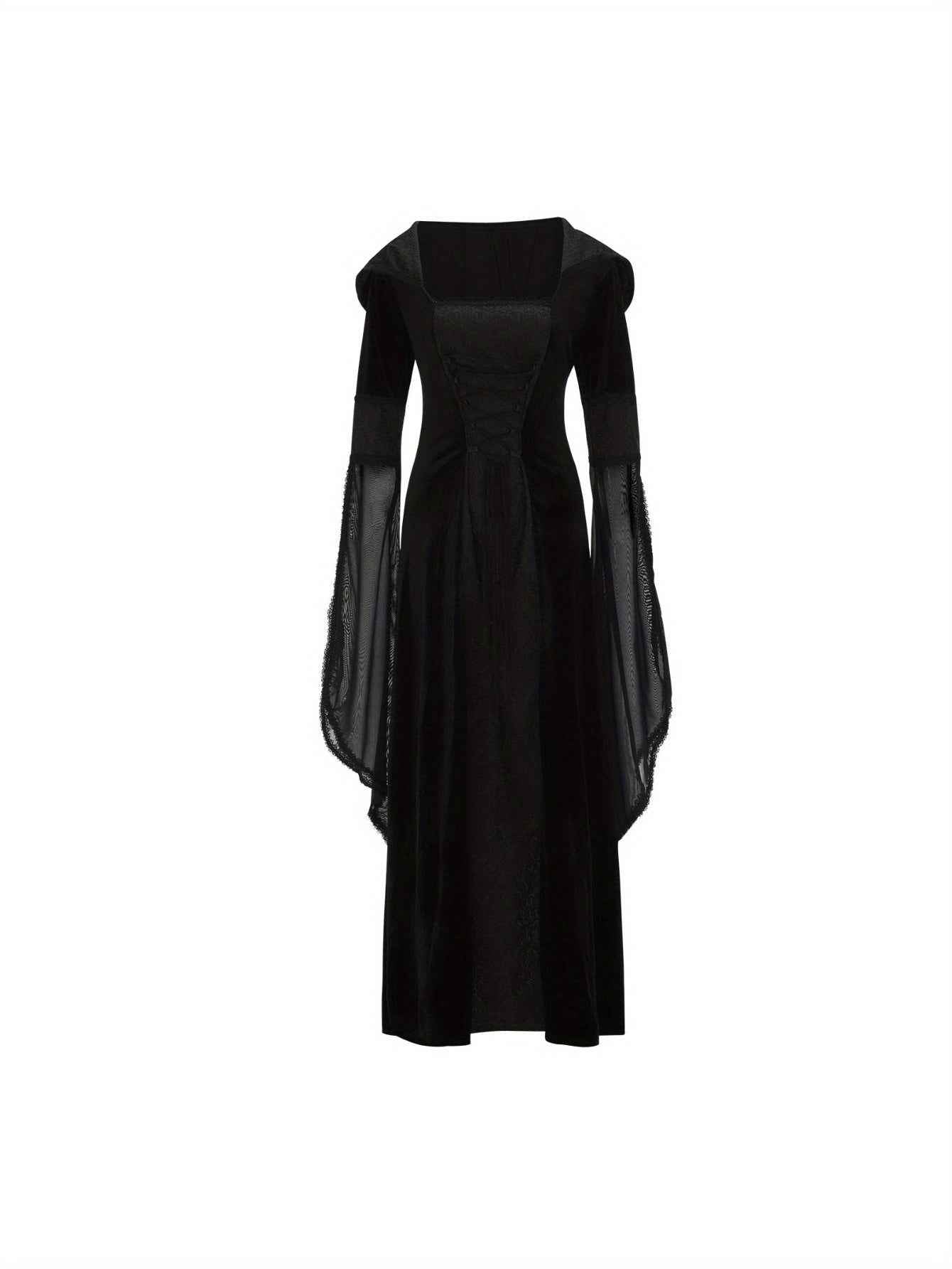 Women's Medieval Renaissance Wedding Dress & Costume - Off-Shoulder/Boat Neck Hooded Waist A-Line Dress with Slim-Fit Bodice & Flowing Train, Machine Washable Renaissance Faire Outfit for Renaissance-Themed Events, Weddings,