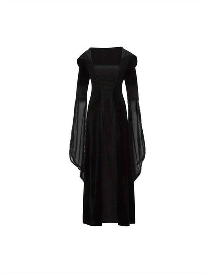 Women's Medieval Renaissance Wedding Dress & Costume - Off-Shoulder/Boat Neck Hooded Waist A-Line Dress with Slim-Fit Bodice & Flowing Train, Machine Washable Renaissance Faire Outfit for Renaissance-Themed Events, Weddings,