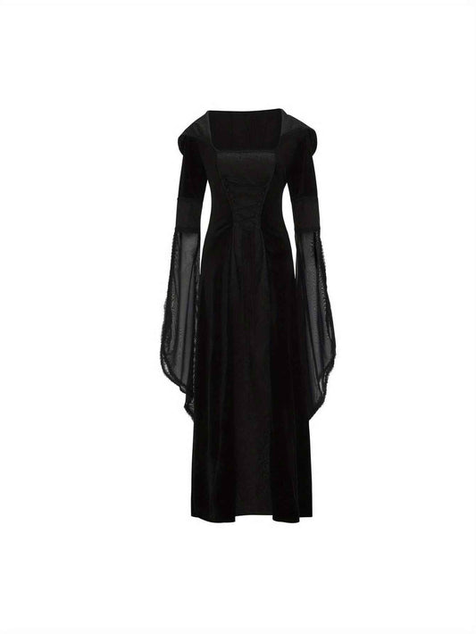 Women's Medieval Renaissance Wedding Dress & Costume - Off-Shoulder/Boat Neck Hooded Waist A-Line Dress with Slim-Fit Bodice & Flowing Train, Machine Washable Renaissance Faire Outfit for Renaissance-Themed Events, Weddings,