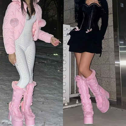 Womens Winter Punk Goth Boots - Faux Fur Lined, Side Zipper, Lace Up, Chunky Heel, Platform, Warm, Knee High, Mid Calf, Block Heel, Snow Walking Boots For Women SS69
